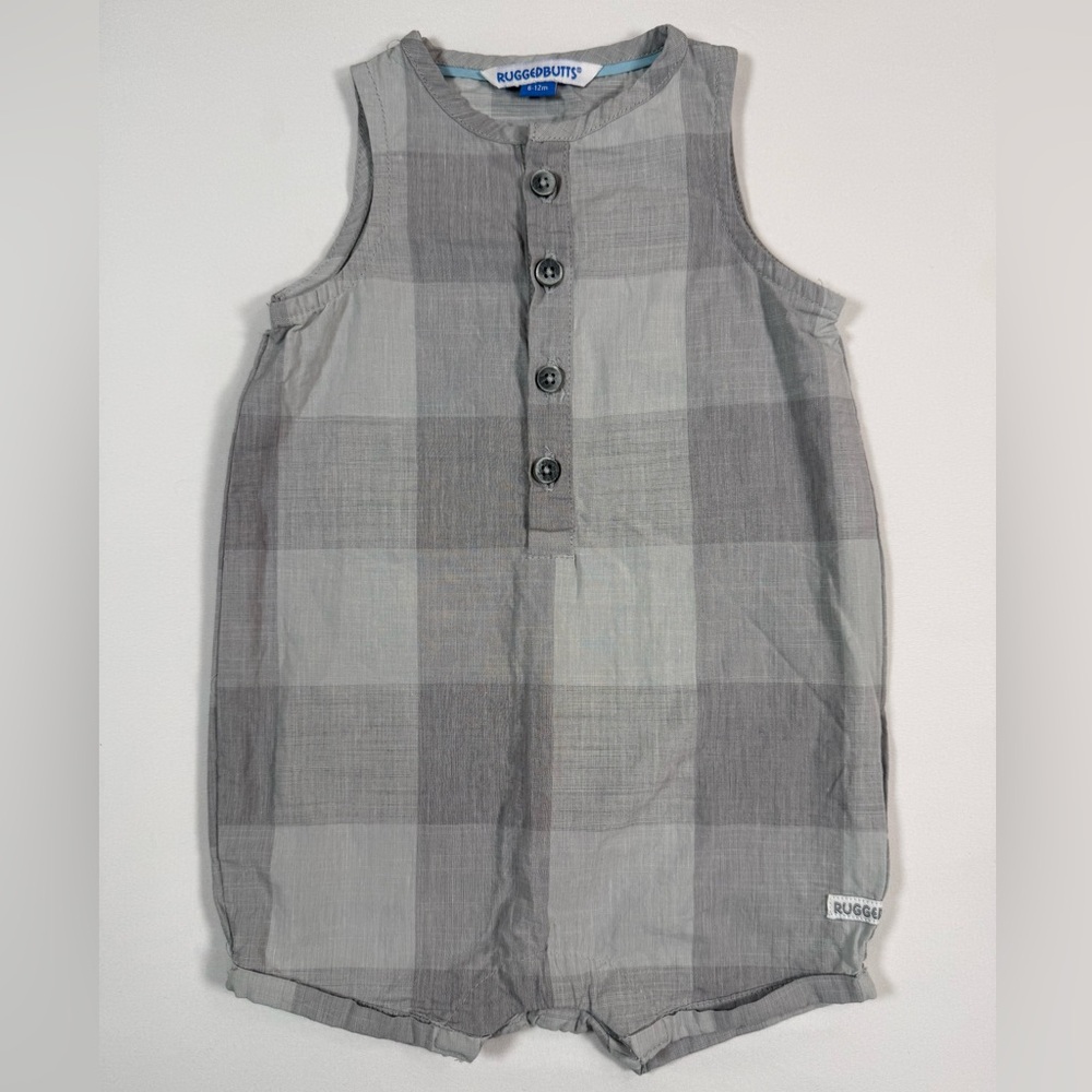 RUGGEDBUTTS Boys Plaid Romper 6-12m Gray Sleeveless Button Cotton‎ Summer Preppy